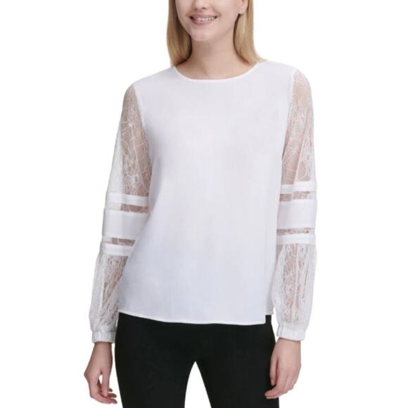 Calvin Klein Size L Black Lace Sleeve Elegant Blouse Top Classic Formal Neutral - Picture 12 of 12